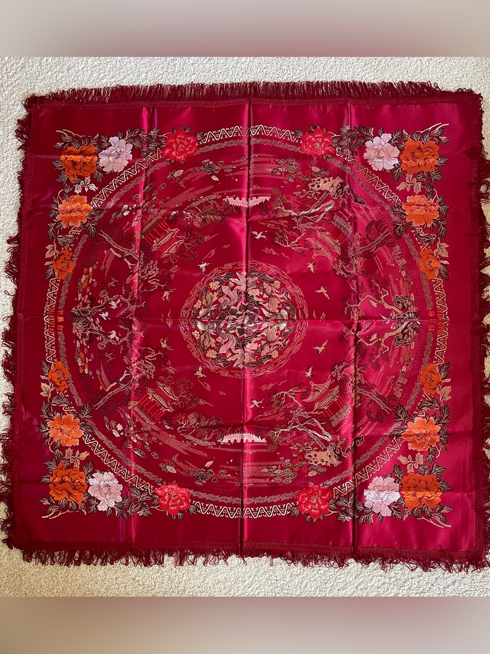 Vintage Chinese Brocaded Flowers Tablecloth Red Silk 38”